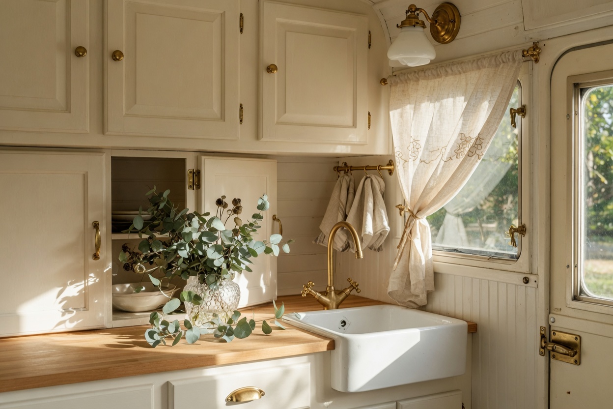 Restored vintage camper kitchen