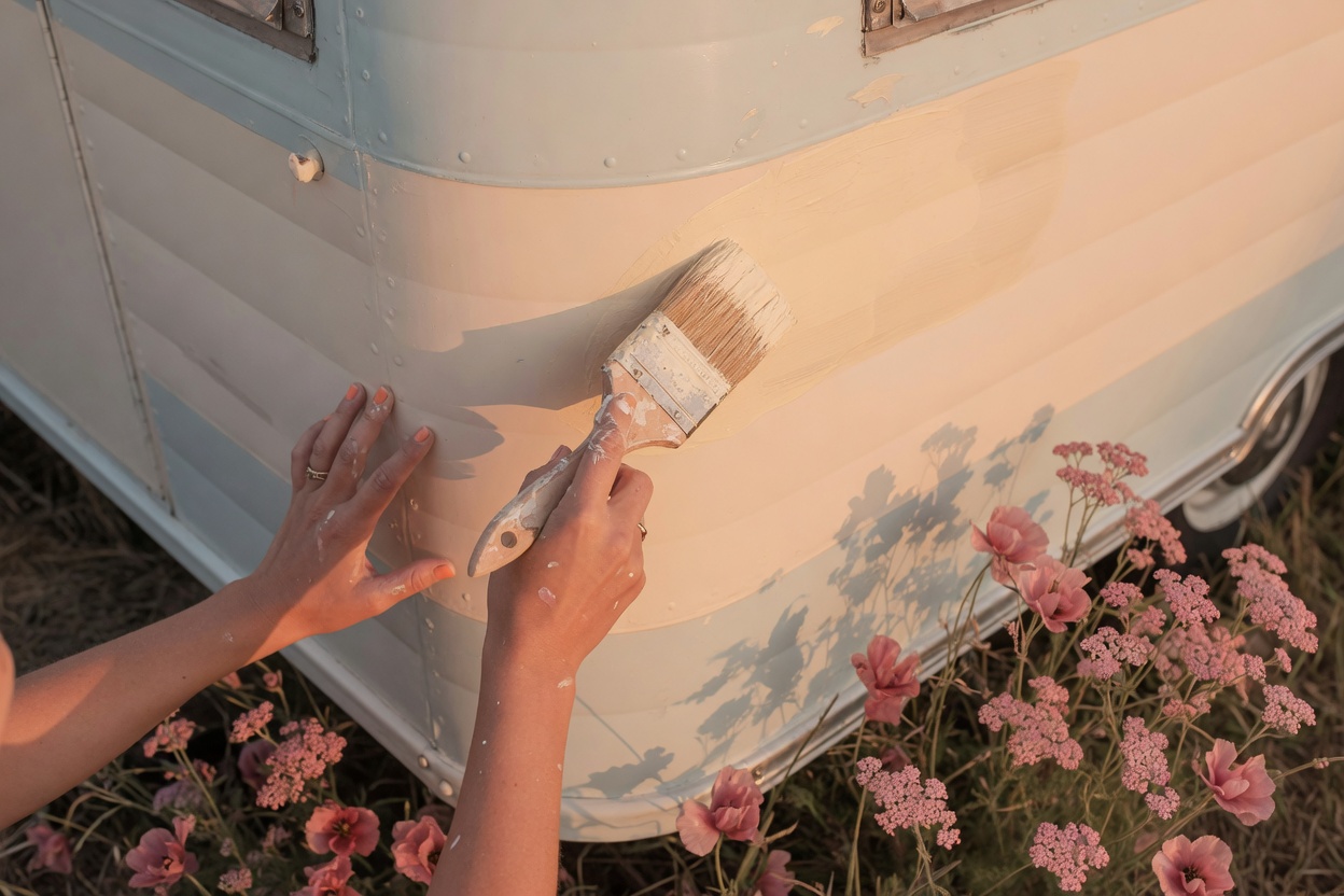 Hands painting a travel trailer