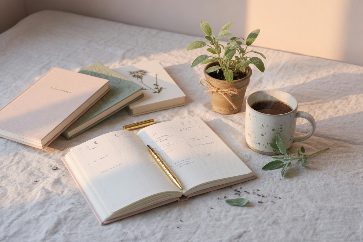 Planner and coffee on linen