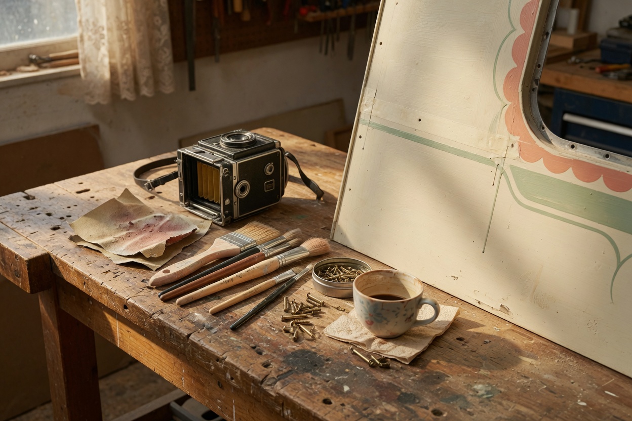 Workshop tools beside a camper panel