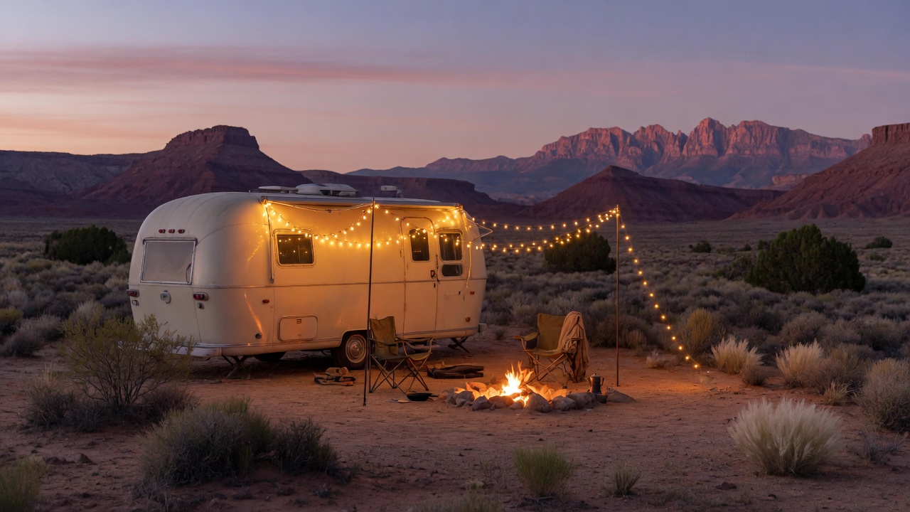 Vintage trailer with string lights at dusk